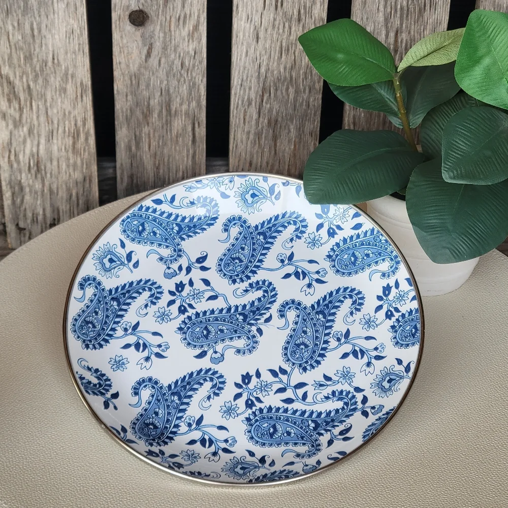 Pottery Barn Elegant Blue Paisley Enamel Ware Silver Rim 8
